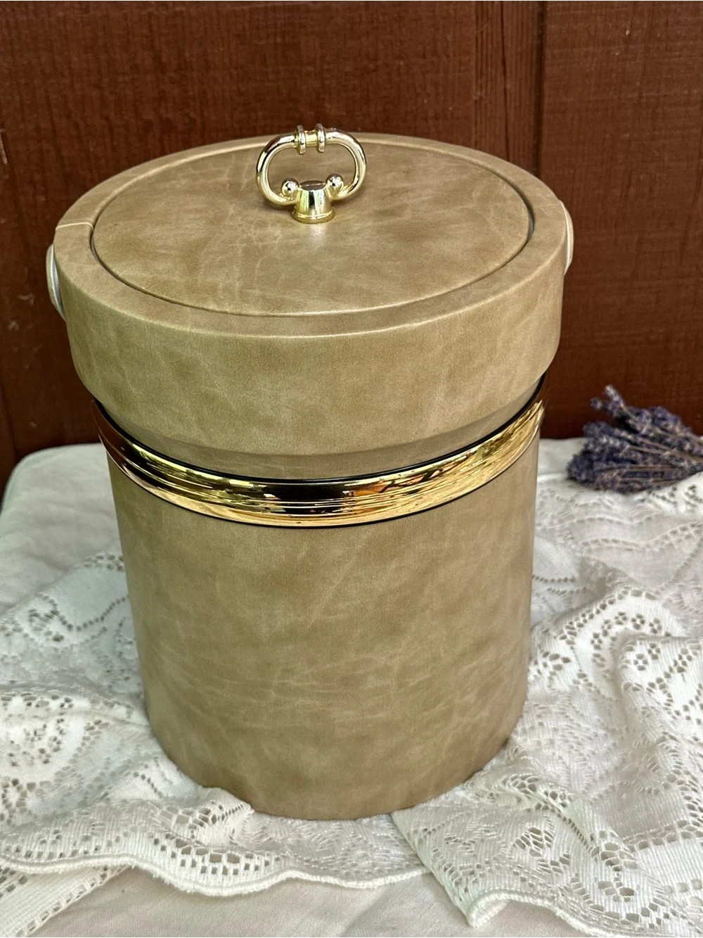 Vintage Shelton Ware Mid Century Ice Bucket Tan Faux Leather Gold Trim
